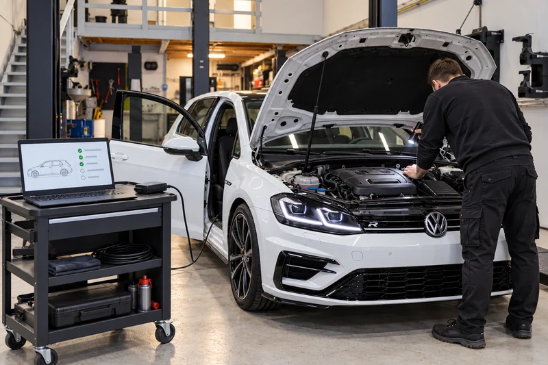 Havainnekuva: diagnostiikkatietokone ja asentaja tarkastamassa auton moottoritilaa.